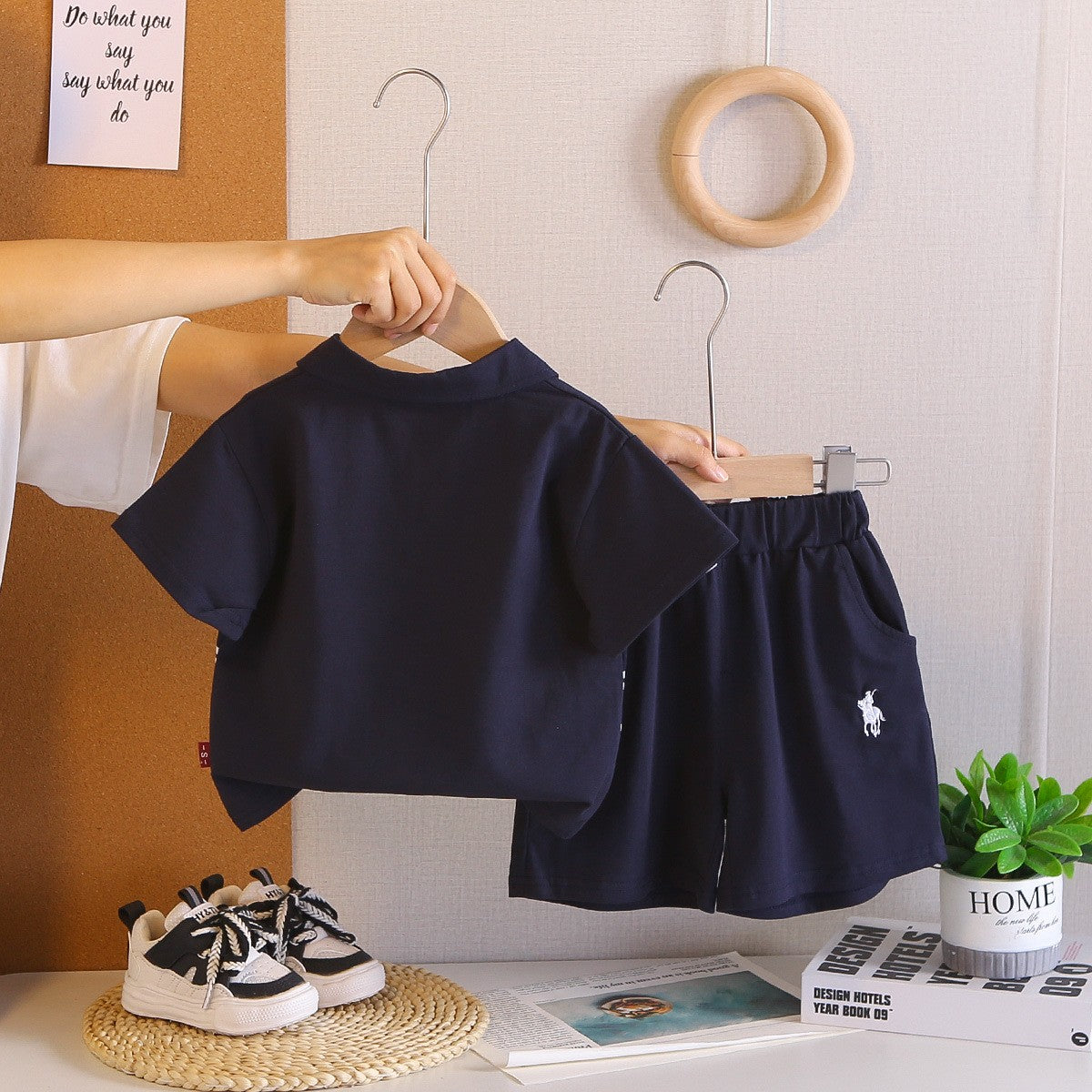 Kids Navy Blue Polo T-Shirt & Shorts Set with Striped Detail | Stylish Casual Summer Outfit