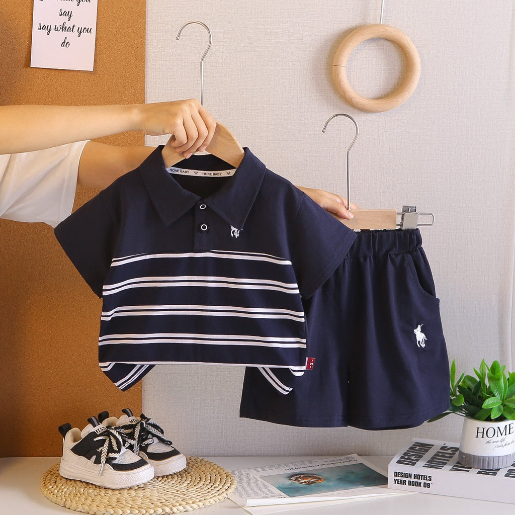 Kids Navy Blue Polo T-Shirt & Shorts Set with Striped Detail | Stylish Casual Summer Outfit