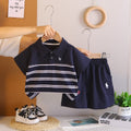 Kids Navy Blue Polo T-Shirt & Shorts Set with Striped Detail | Stylish Casual Summer Outfit