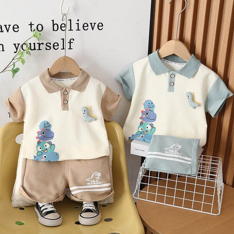 Kids Cream & Brown Polo T-Shirt & Shorts Set with Cute Dinosaur Print | Stylish Casual Summer Outfit