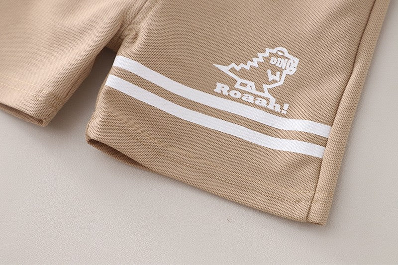 Kids Cream & Brown Polo T-Shirt & Shorts Set with Cute Dinosaur Print | Stylish Casual Summer Outfit