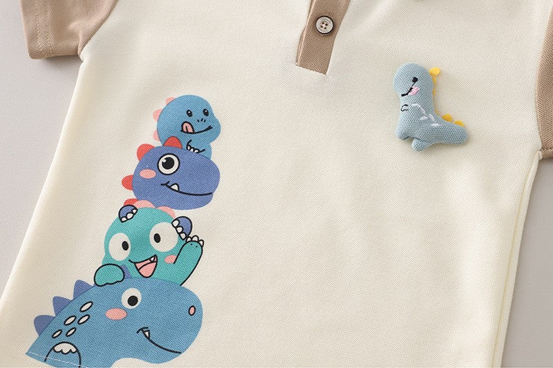 Kids Cream & Brown Polo T-Shirt & Shorts Set with Cute Dinosaur Print | Stylish Casual Summer Outfit