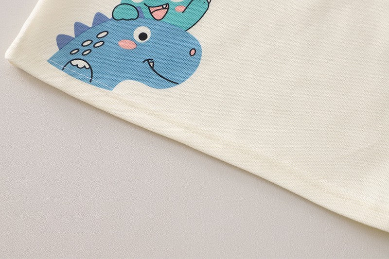 Kids Cream & Brown Polo T-Shirt & Shorts Set with Cute Dinosaur Print | Stylish Casual Summer Outfit