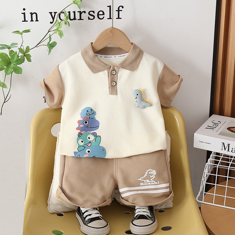 Kids Cream & Brown Polo T-Shirt & Shorts Set with Cute Dinosaur Print | Stylish Casual Summer Outfit