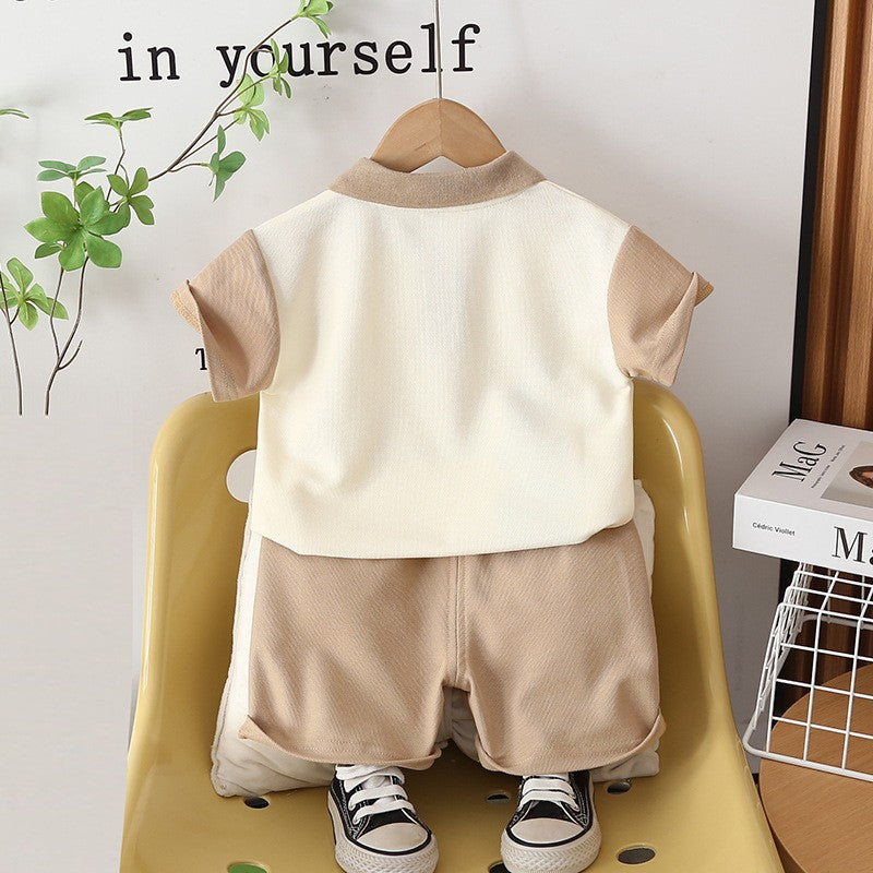 Kids Cream & Brown Polo T-Shirt & Shorts Set with Cute Dinosaur Print | Stylish Casual Summer Outfit