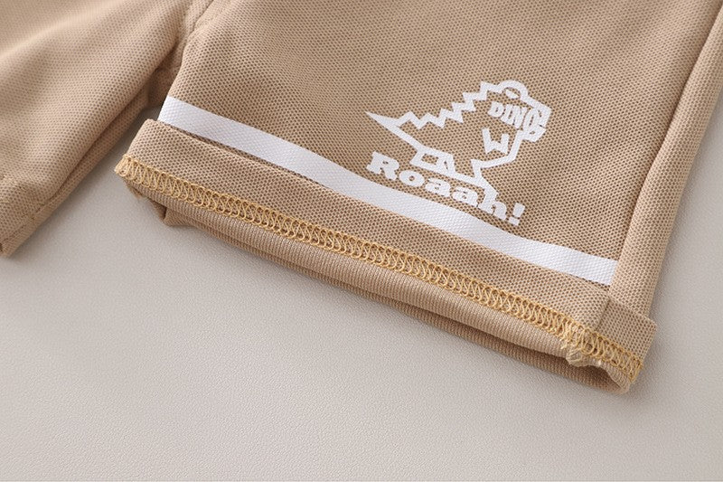Kids Cream & Brown Polo T-Shirt & Shorts Set with Cute Dinosaur Print | Stylish Casual Summer Outfit