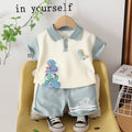 Kids Cream Polo T-Shirt & Light Blue Shorts Set | Cute Dinosaur Print Outfit for Boys