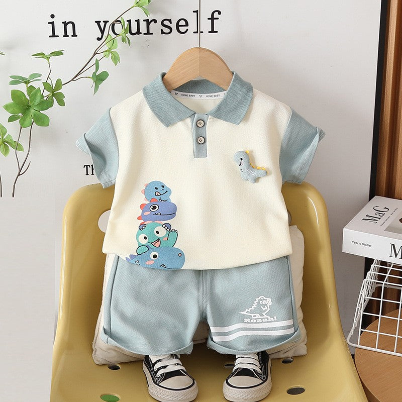 Kids Cream Polo T-Shirt & Light Blue Shorts Set | Cute Dinosaur Print Outfit for Boys