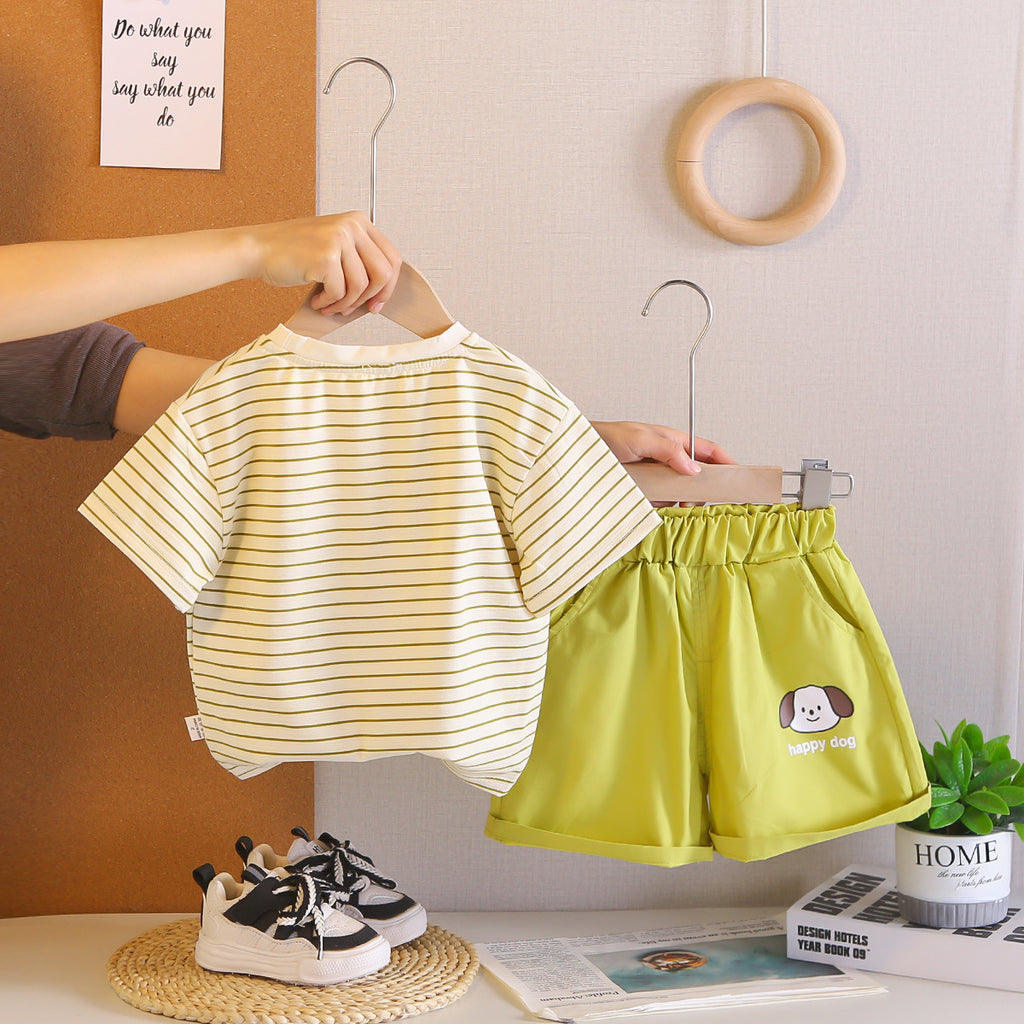 Kids Yellow Striped T-Shirt & Green Shorts Set with Happy Dog Print | Cute Casual Summer Outfit