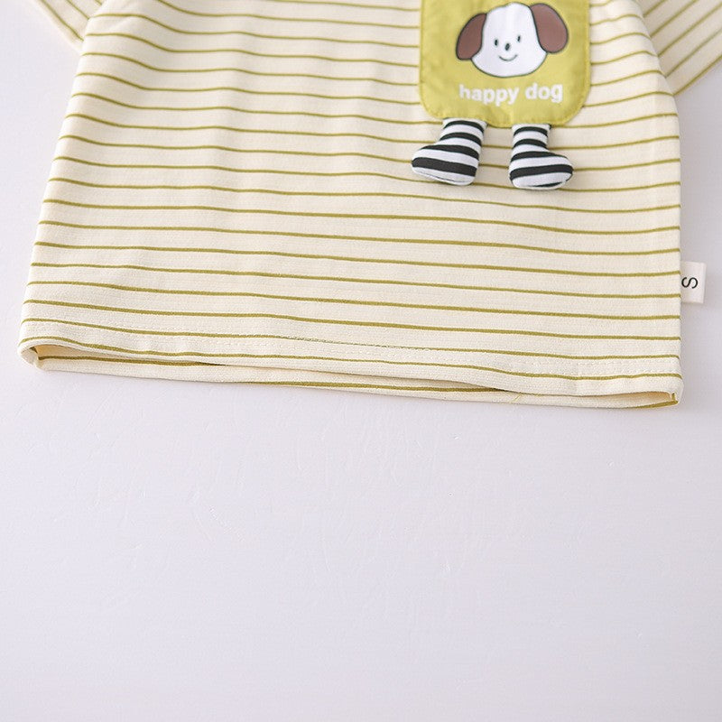 Kids Yellow Striped T-Shirt & Green Shorts Set with Happy Dog Print | Cute Casual Summer Outfit