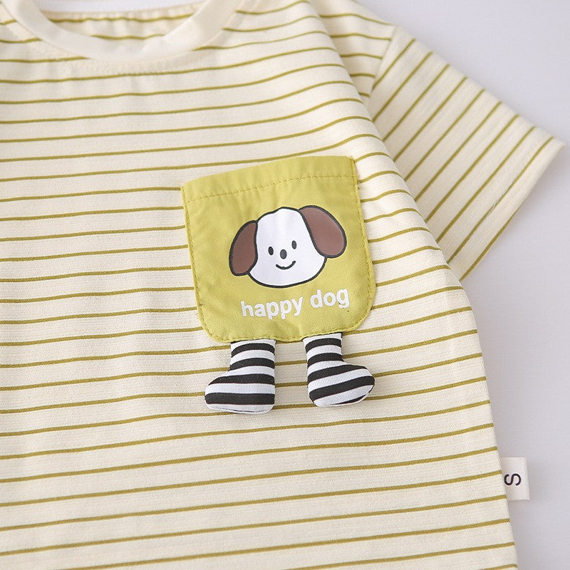 Kids Yellow Striped T-Shirt & Green Shorts Set with Happy Dog Print | Cute Casual Summer Outfit