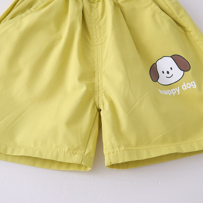 Kids Yellow Striped T-Shirt & Green Shorts Set with Happy Dog Print | Cute Casual Summer Outfit