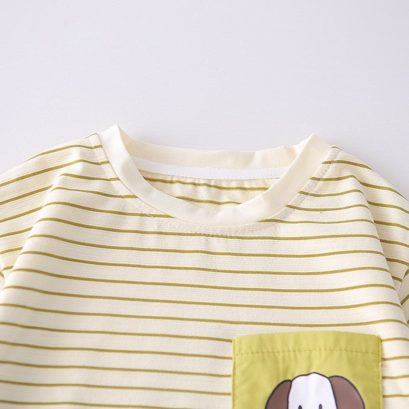 Kids Yellow Striped T-Shirt & Green Shorts Set with Happy Dog Print | Cute Casual Summer Outfit