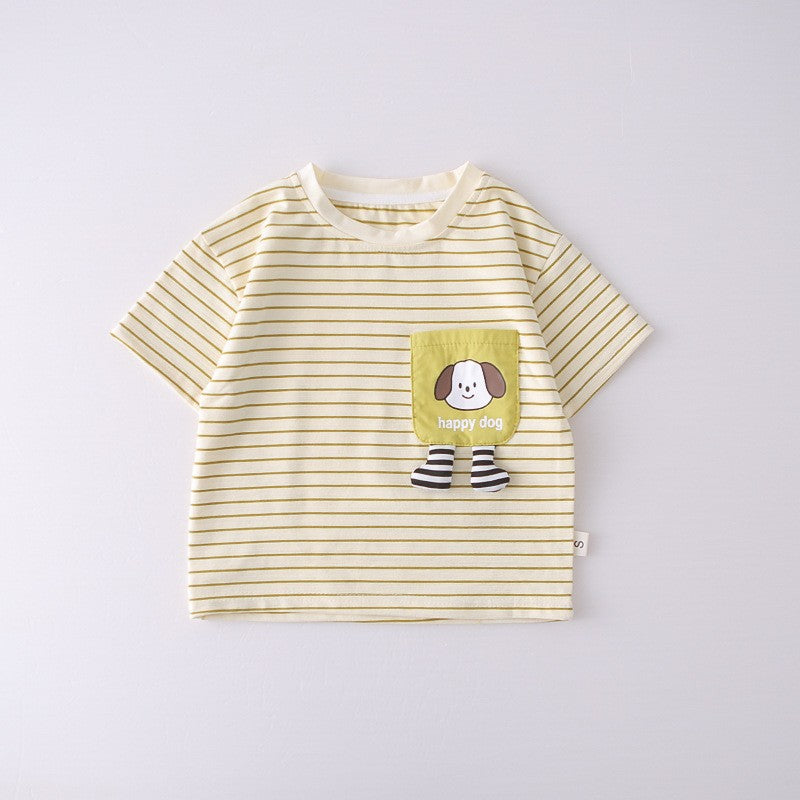 Kids Yellow Striped T-Shirt & Green Shorts Set with Happy Dog Print | Cute Casual Summer Outfit