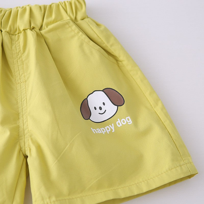 Kids Yellow Striped T-Shirt & Green Shorts Set with Happy Dog Print | Cute Casual Summer Outfit