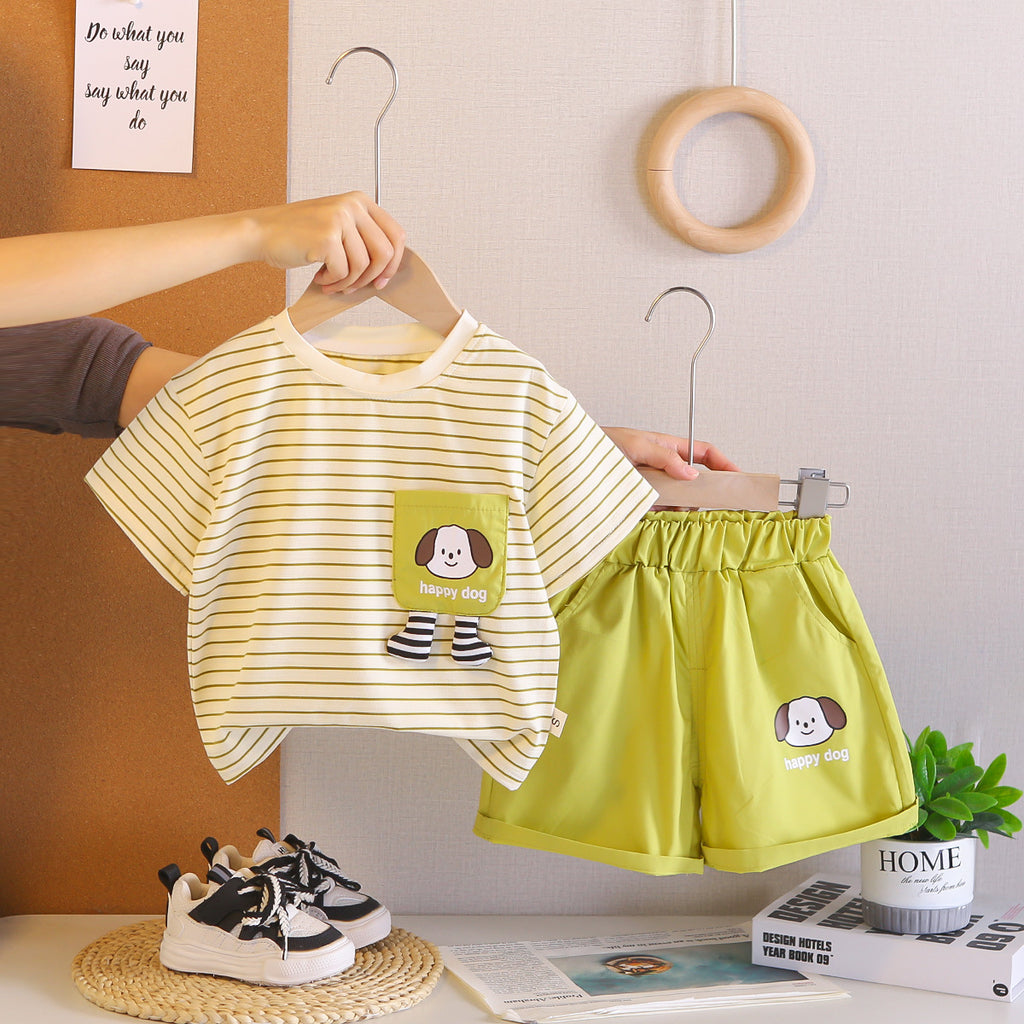 Kids Yellow Striped T-Shirt & Green Shorts Set with Happy Dog Print | Cute Casual Summer Outfit