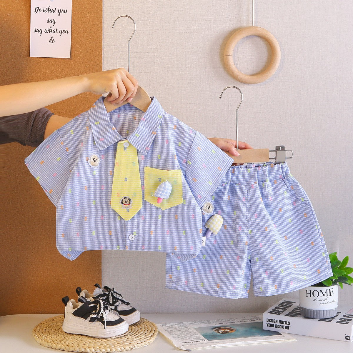 Kids Blue Checkered Shirt & Shorts Set with Tie | Cute Summer Outfit for Boys