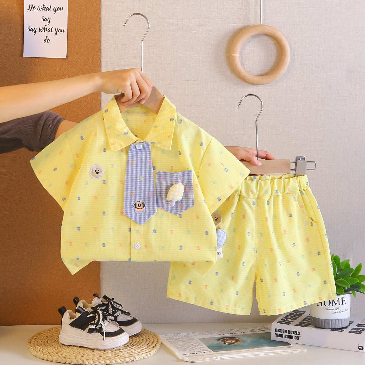 Kids Yellow Shirt & Shorts Set with Cute Tie Detail | Adorable Casual Summer Outfit