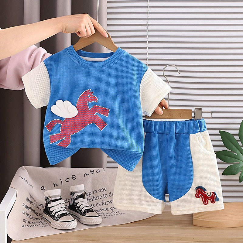 Kids Blue Horse Print T-Shirt & Shorts Set | Cute Summer Outfit for Boys