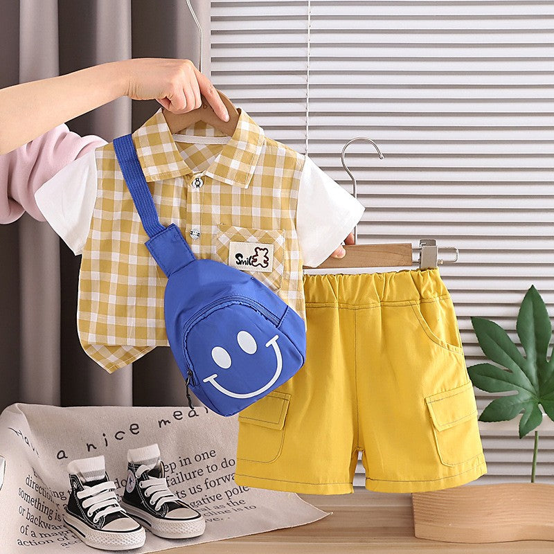 Kids Plaid Shirt & Shorts Set with Crossbody Bag | Stylish 3-Piece Outfit