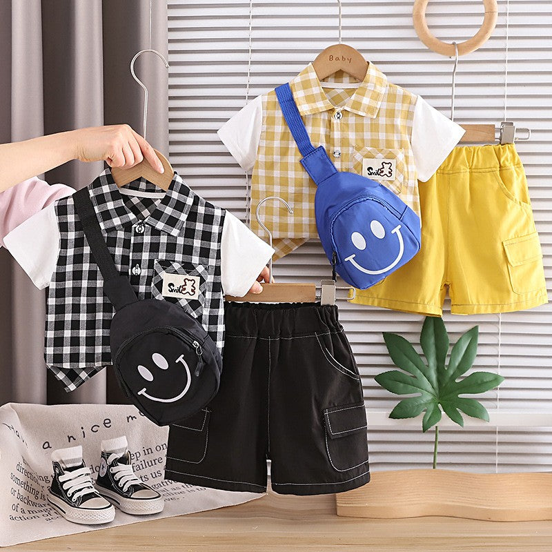Boys Black & White Checkered Shirt & Cargo Shorts Set with Crossbody Bag | Stylish Casual Outfit