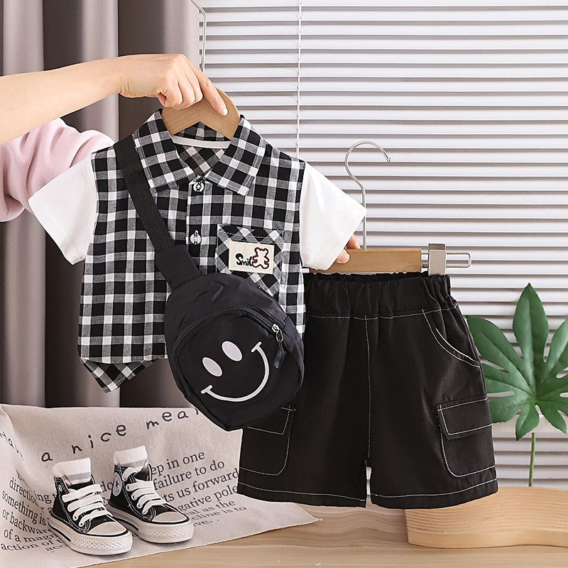 Boys Black & White Checkered Shirt & Cargo Shorts Set with Crossbody Bag | Stylish Casual Outfit