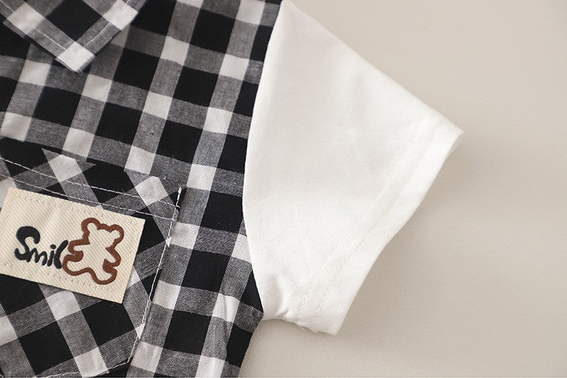 Boys Black & White Checkered Shirt & Cargo Shorts Set with Crossbody Bag | Stylish Casual Outfit