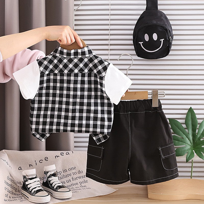 Boys Black & White Checkered Shirt & Cargo Shorts Set with Crossbody Bag | Stylish Casual Outfit