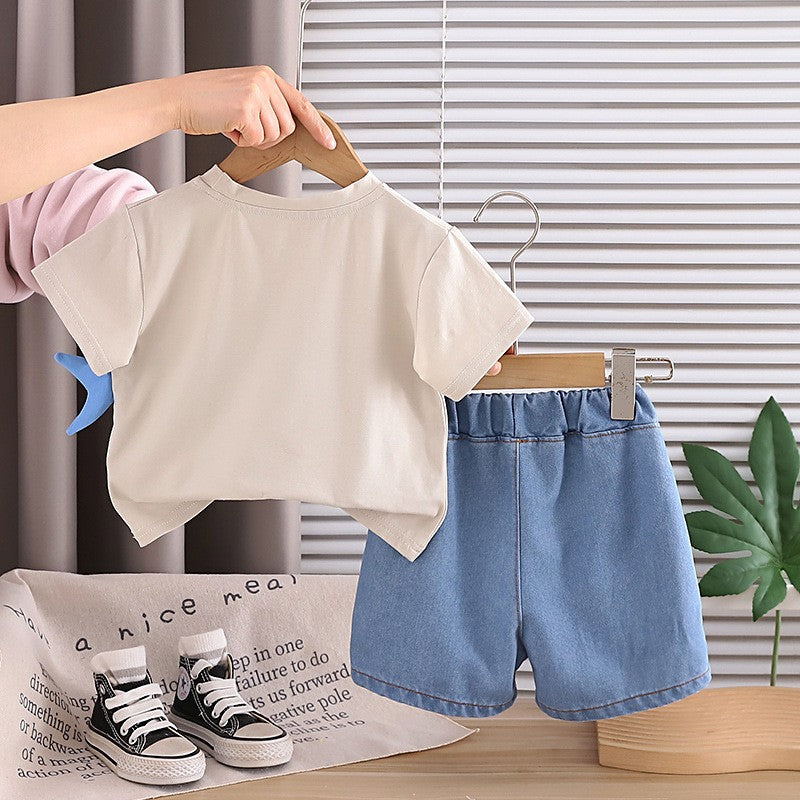 Boys Shark Pirate Print T-Shirt & Denim Shorts Set | Cute Casual Summer Outfit