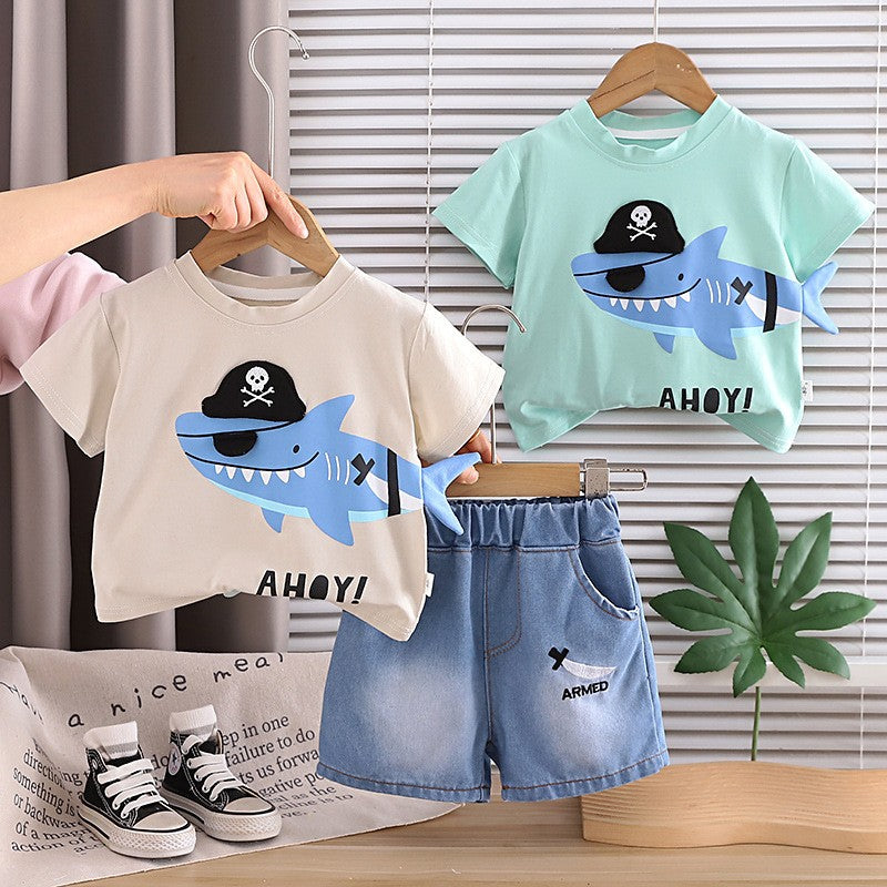 Boys Shark Pirate Print T-Shirt & Denim Shorts Set | Cute Casual Summer Outfit