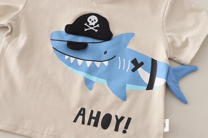Boys Shark Pirate Print T-Shirt & Denim Shorts Set | Cute Casual Summer Outfit