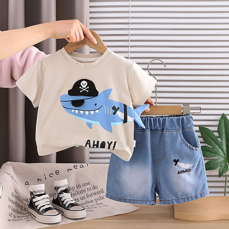 Boys Shark Pirate Print T-Shirt & Denim Shorts Set | Cute Casual Summer Outfit