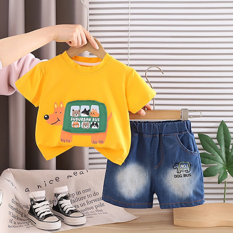 Boys Yellow Bus Print T-Shirt & Denim Shorts Set | Cute Casual Summer Outfit