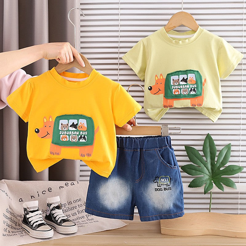 Boys Yellow Bus Print T-Shirt & Denim Shorts Set | Cute Casual Summer Outfit