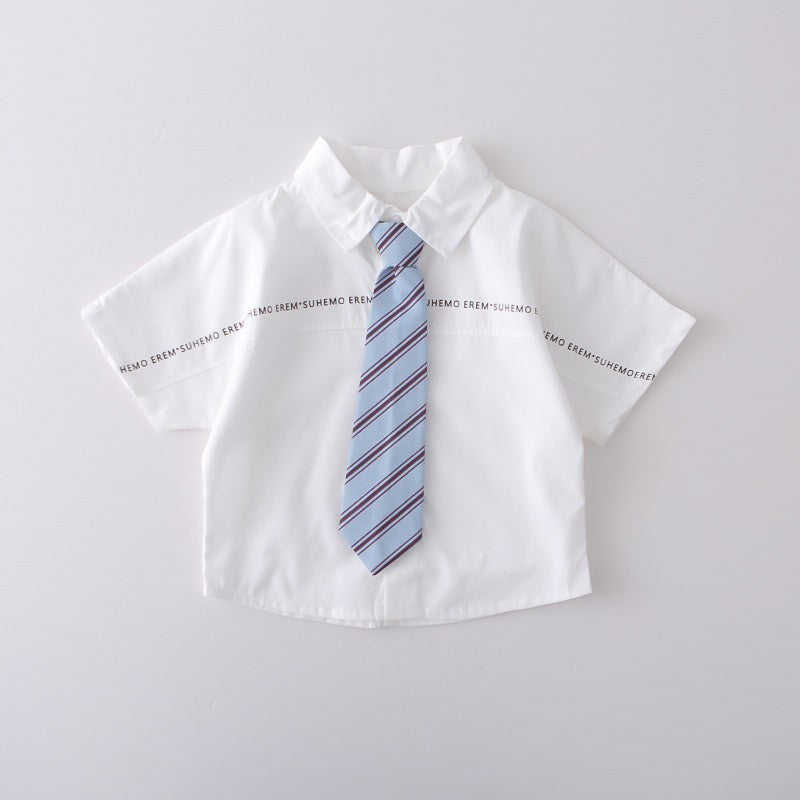 Boys White Shirt & Denim Shorts Set with Striped Tie | Cute Casual Summer Outfit