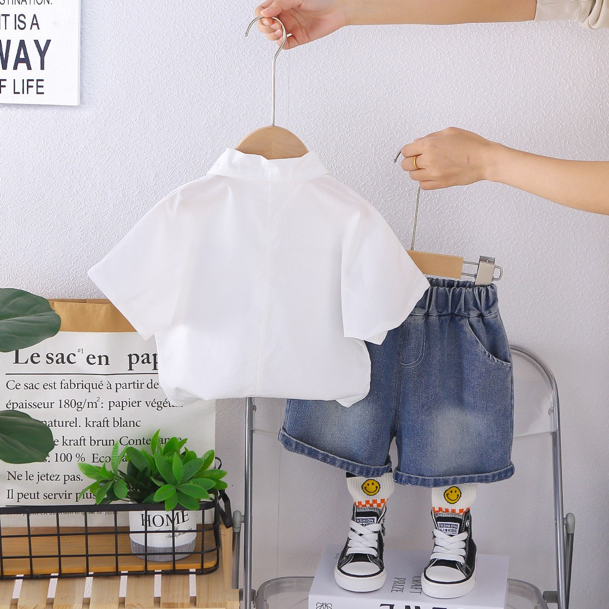 Boys White Shirt & Denim Shorts Set with Striped Tie | Cute Casual Summer Outfit