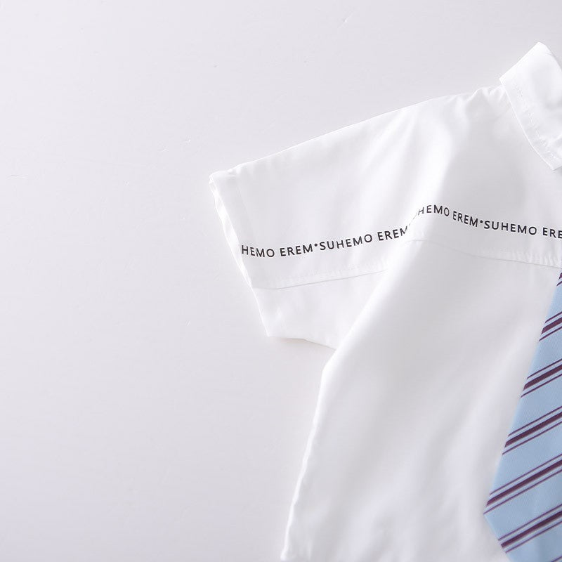 Boys White Shirt & Denim Shorts Set with Striped Tie | Cute Casual Summer Outfit