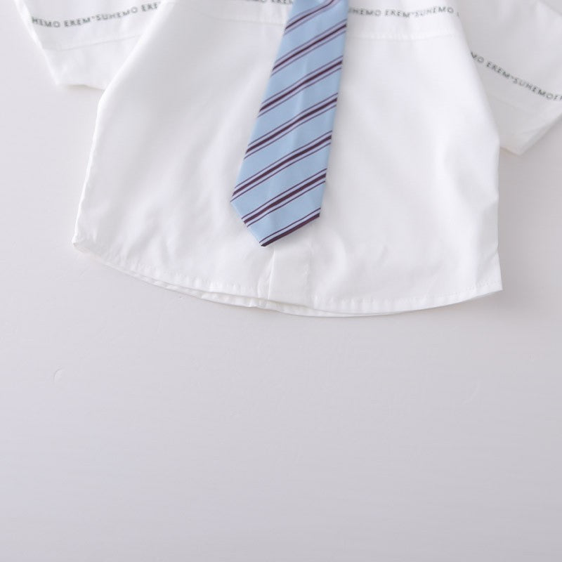 Boys White Shirt & Denim Shorts Set with Striped Tie | Cute Casual Summer Outfit