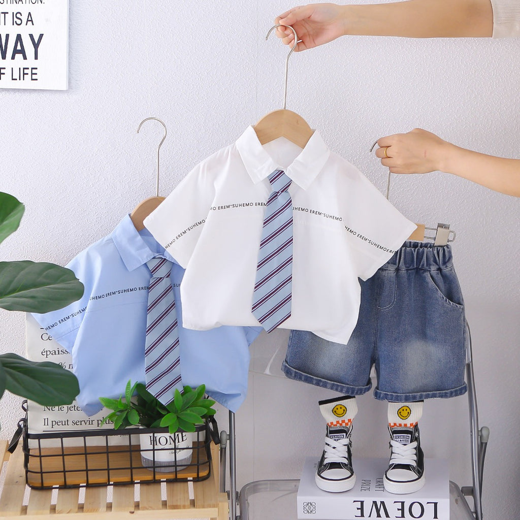 Boys White Shirt & Denim Shorts Set with Striped Tie | Cute Casual Summer Outfit