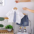 Boys White Shirt & Denim Shorts Set with Striped Tie | Cute Casual Summer Outfit