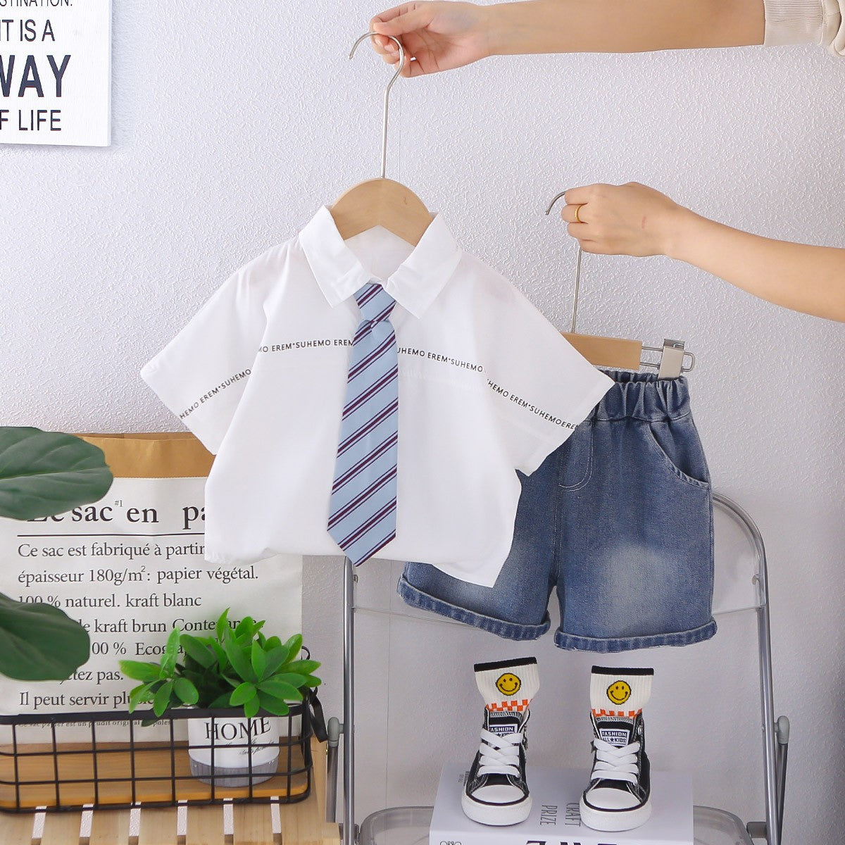 Boys White Shirt & Denim Shorts Set with Striped Tie | Cute Casual Summer Outfit