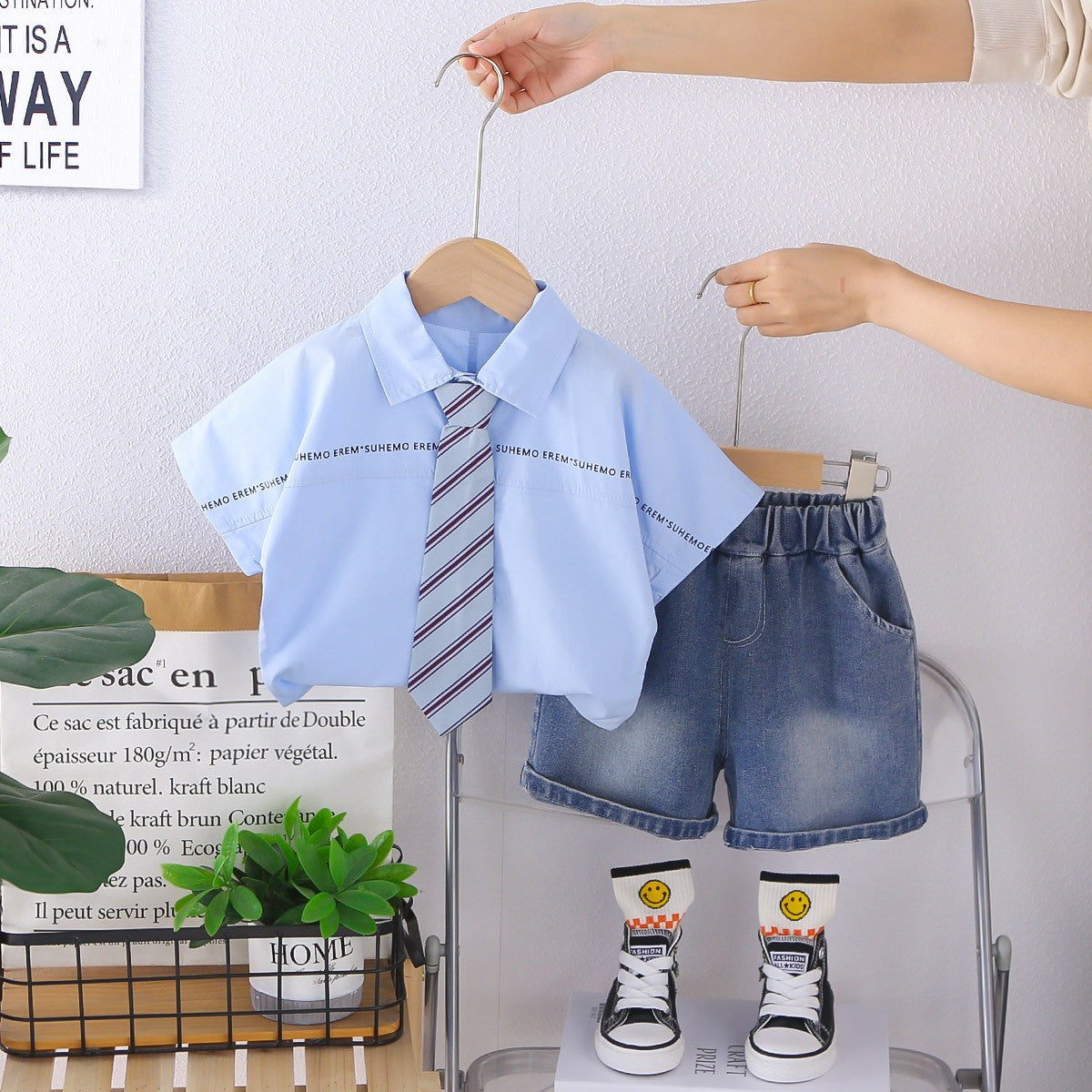 Kids Boys Shirt & Denim Shorts Set with Tie | Stylish 2-Piece Clothing Set