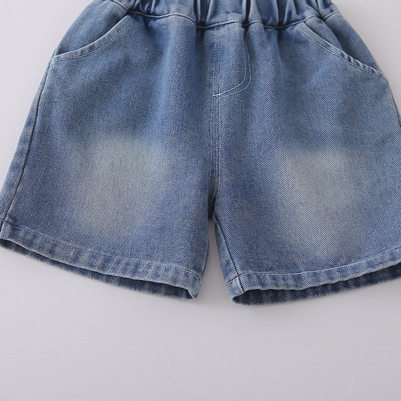 Boys White Shirt & Denim Shorts Set with Striped Tie | Cute Casual Summer Outfit