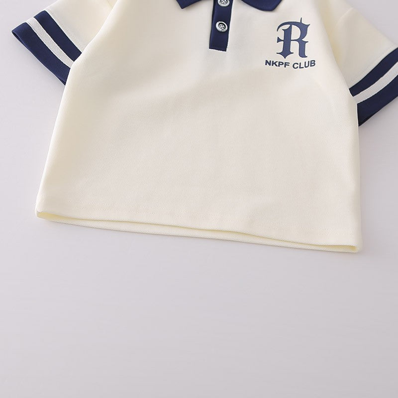 Boys White & Navy Polo Shirt & Shorts Set | Striped Collar & Sleeve Detail | Kids Summer Outfit