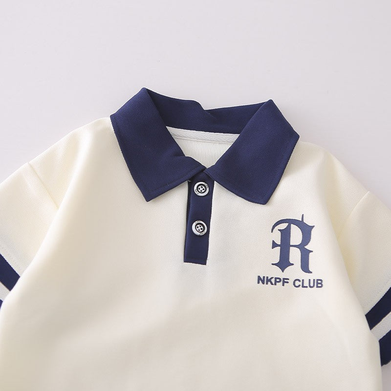 Boys White & Navy Polo Shirt & Shorts Set | Striped Collar & Sleeve Detail | Kids Summer Outfit