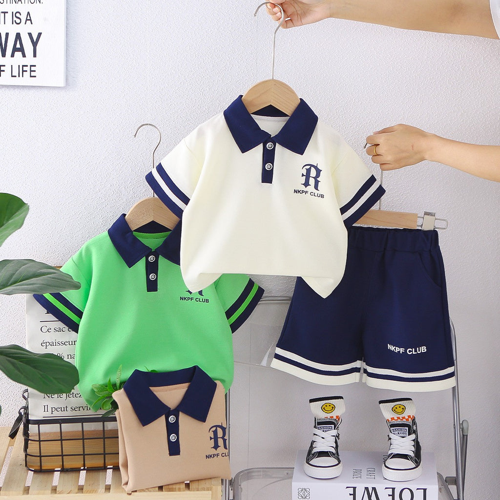 Boys White & Navy Polo Shirt & Shorts Set | Striped Collar & Sleeve Detail | Kids Summer Outfit