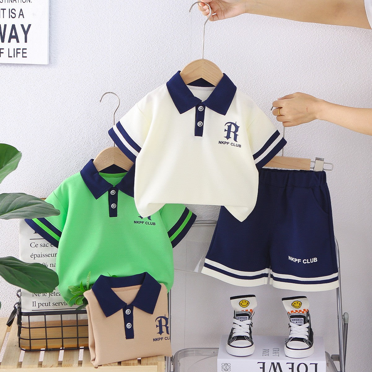Boys White & Navy Polo Shirt & Shorts Set | Striped Collar & Sleeve Detail | Kids Summer Outfit