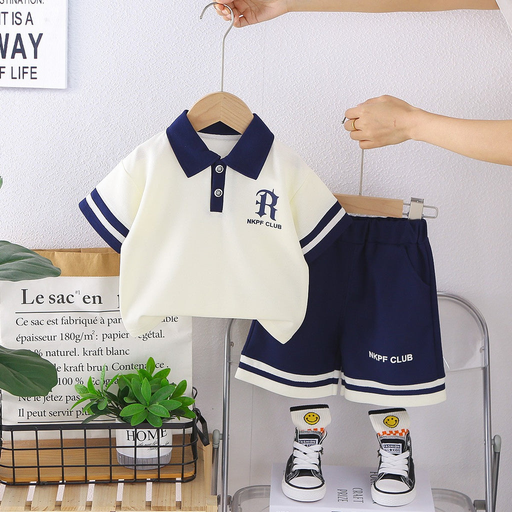 Boys White & Navy Polo Shirt & Shorts Set | Striped Collar & Sleeve Detail | Kids Summer Outfit