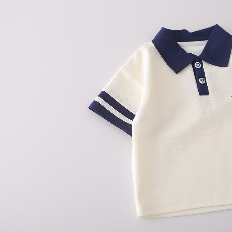 Boys White & Navy Polo Shirt & Shorts Set | Striped Collar & Sleeve Detail | Kids Summer Outfit