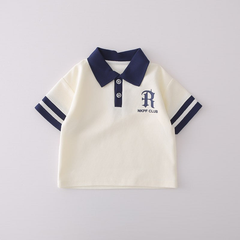 Boys White & Navy Polo Shirt & Shorts Set | Striped Collar & Sleeve Detail | Kids Summer Outfit